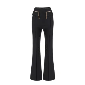 HarleyFashion Womnen Black Wide Leg Pants High Waist Chain Zipper Full Length Quality Trousers