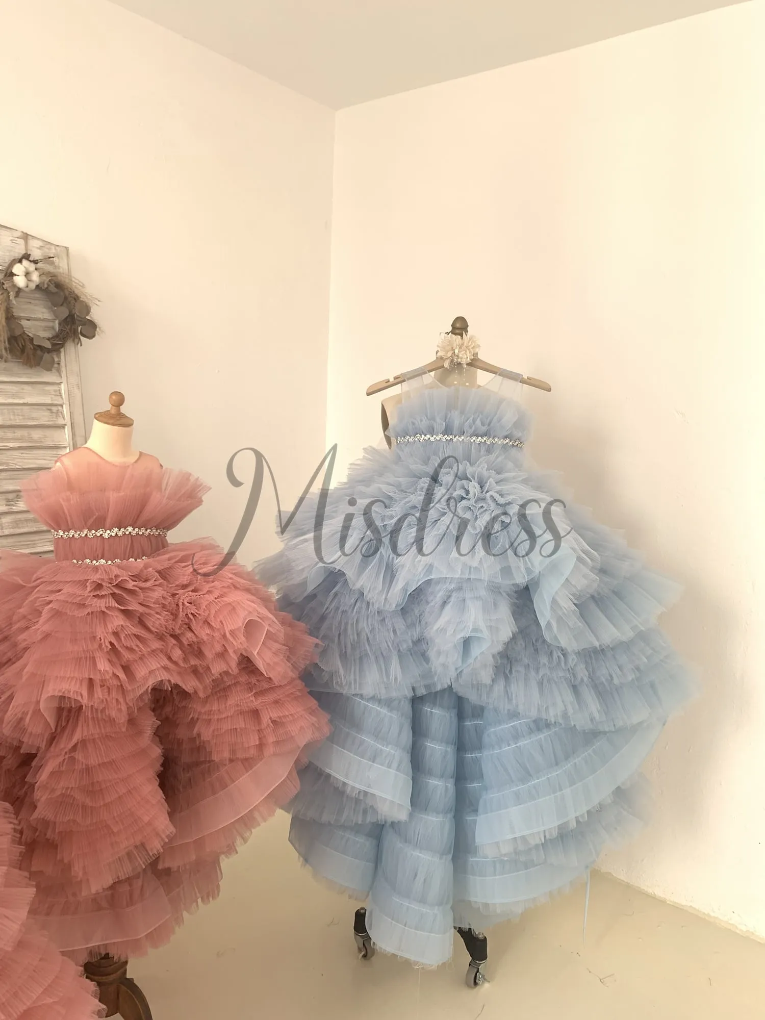 Hi Low Pleated Tulle Wedding Flower Girl Dress Kids Birthday Party Dress