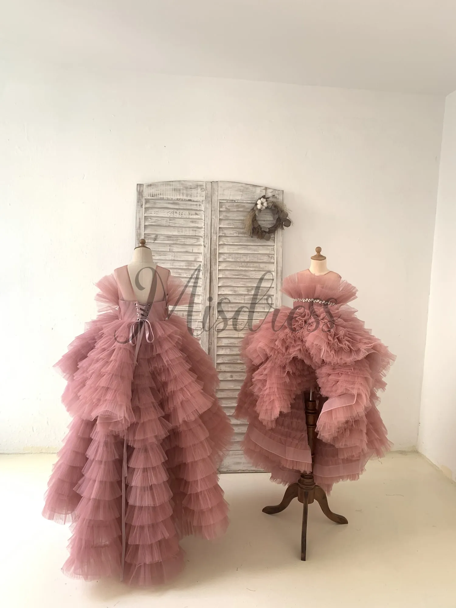 Hi Low Pleated Tulle Wedding Flower Girl Dress Kids Birthday Party Dress