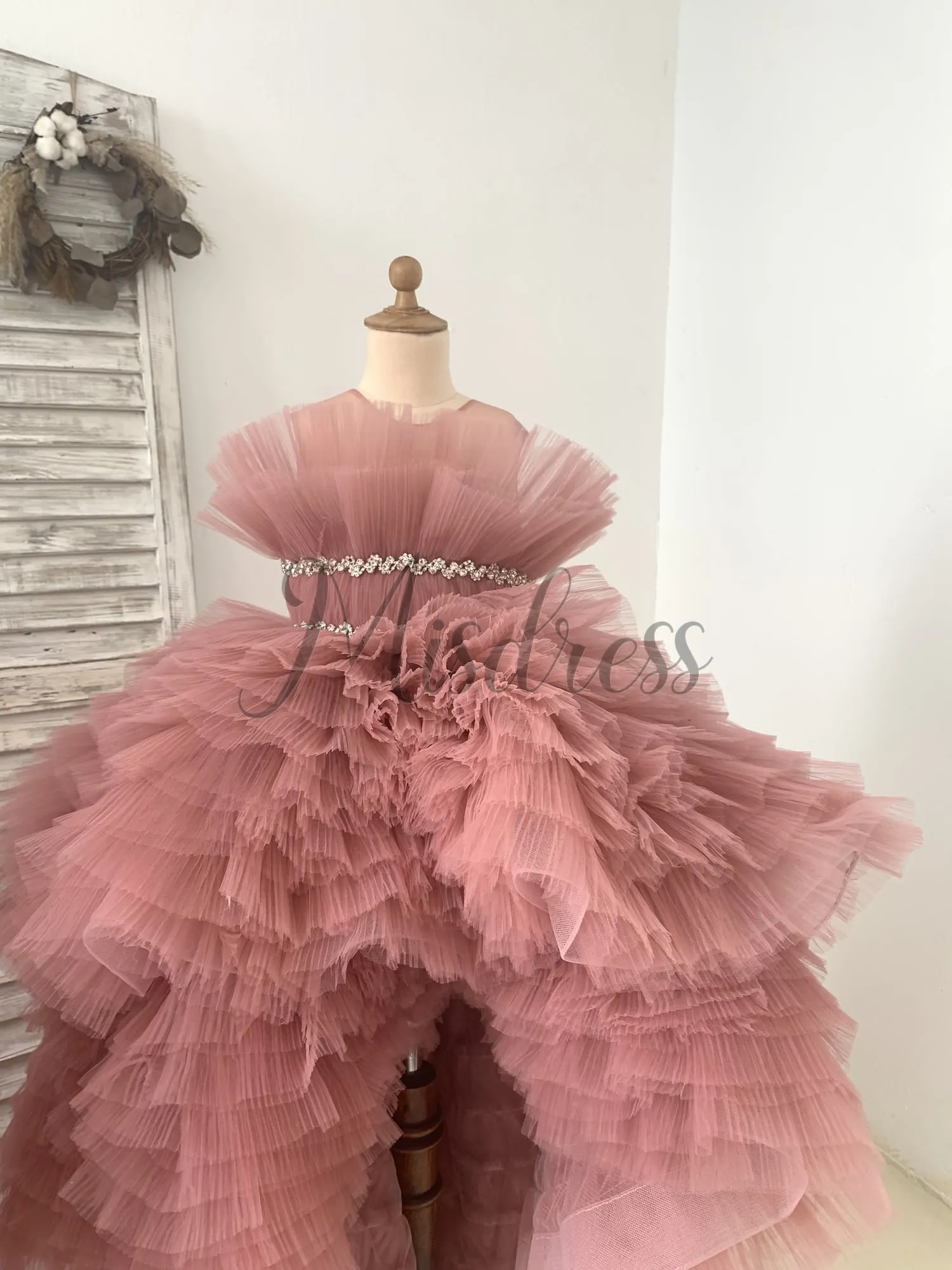 Hi Low Pleated Tulle Wedding Flower Girl Dress Kids Birthday Party Dress