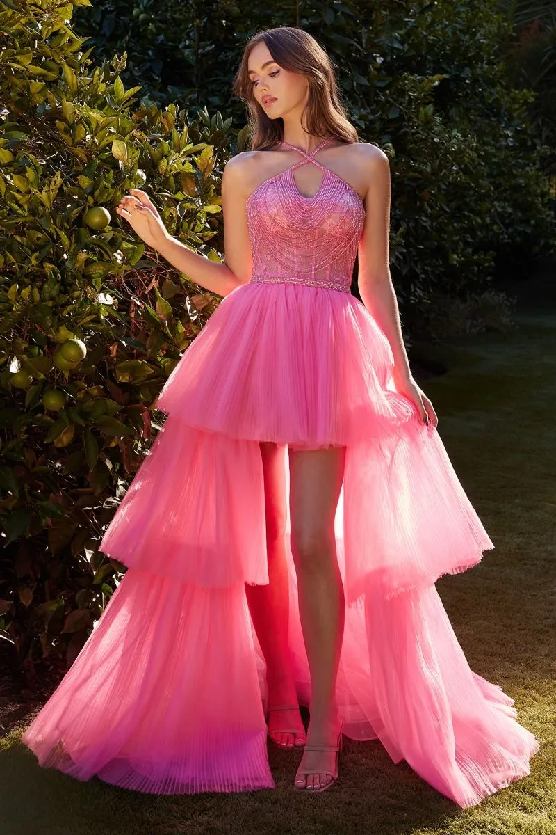 High Low Halter Beaded Ruffle Skirt Long Prom Dress CDA1239