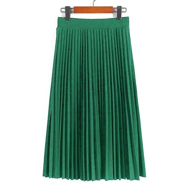 High Waist Pleated Solid Color Ankle Length Skirt