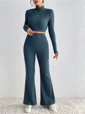 Honey Ribbed Mock Neck Cropped Sweater & High Waist Pants Set