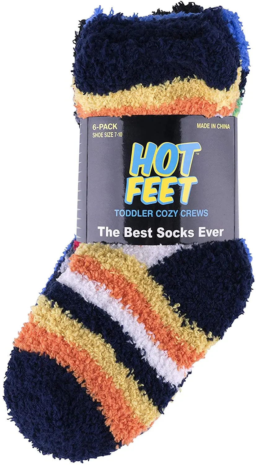 Hot Feet Solid Patterned Cozy Crew 6 pk Socks for Toddler Boys and Girls (Sizes 4 – 5.5)