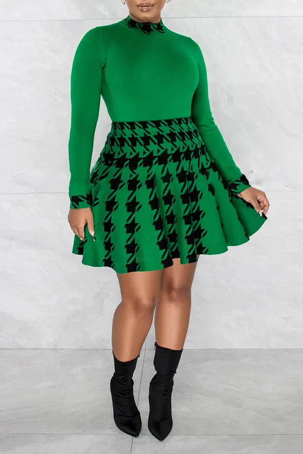 Houndstooth Top & High Waist Skirt Set