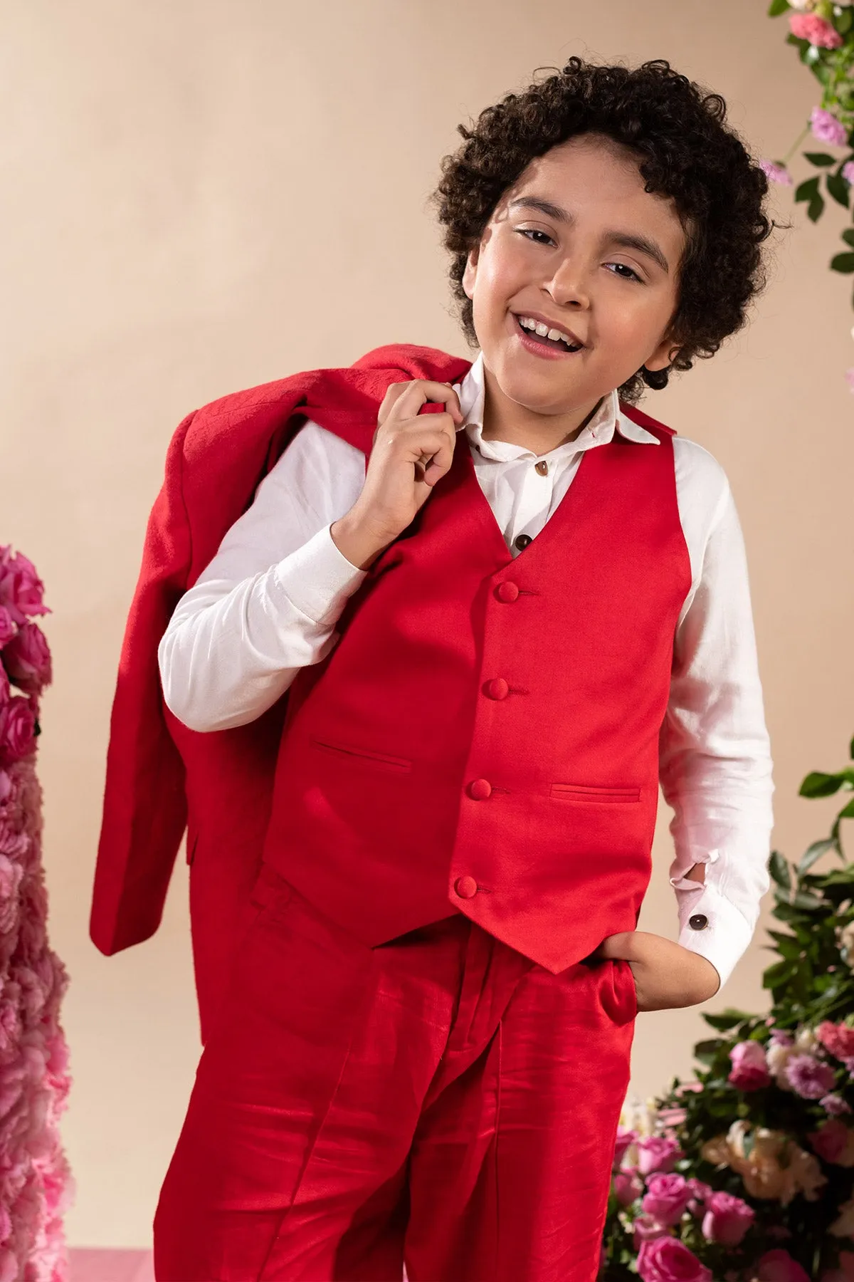 Idum -

 Red Blazer Paired With Waistcoat & Trouser Set