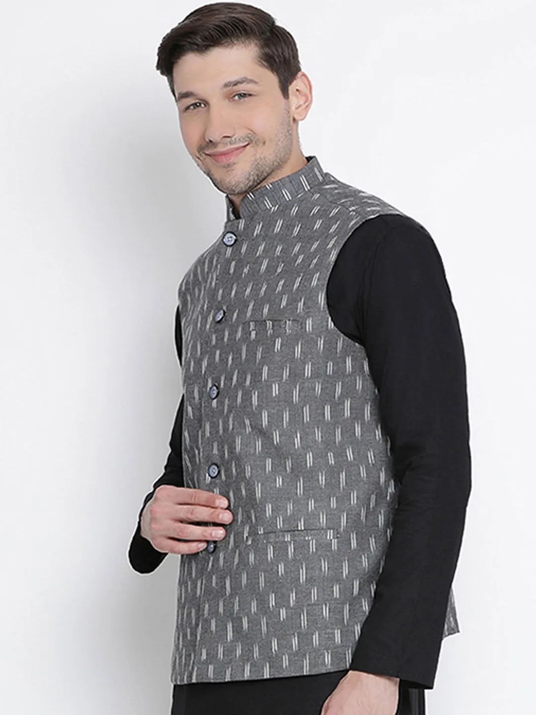 Jashvi Men's Grey Cotton Ethnic Jacket