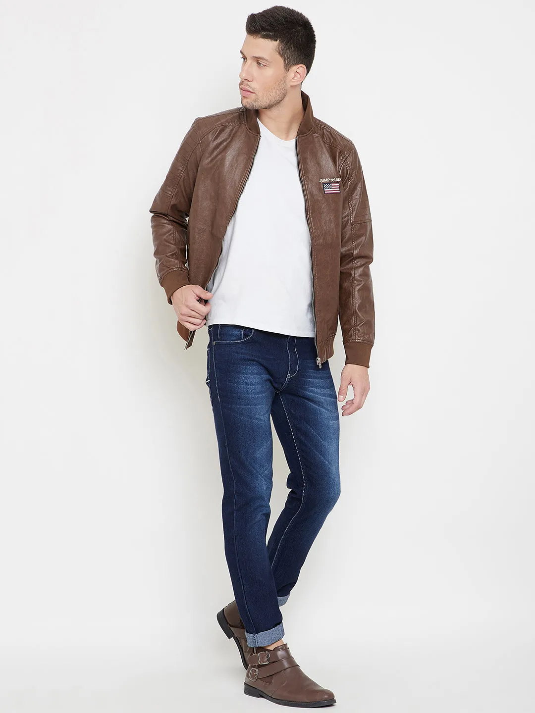 JUMP USA Tan Solid Casual PU Leather Varsity Jacket