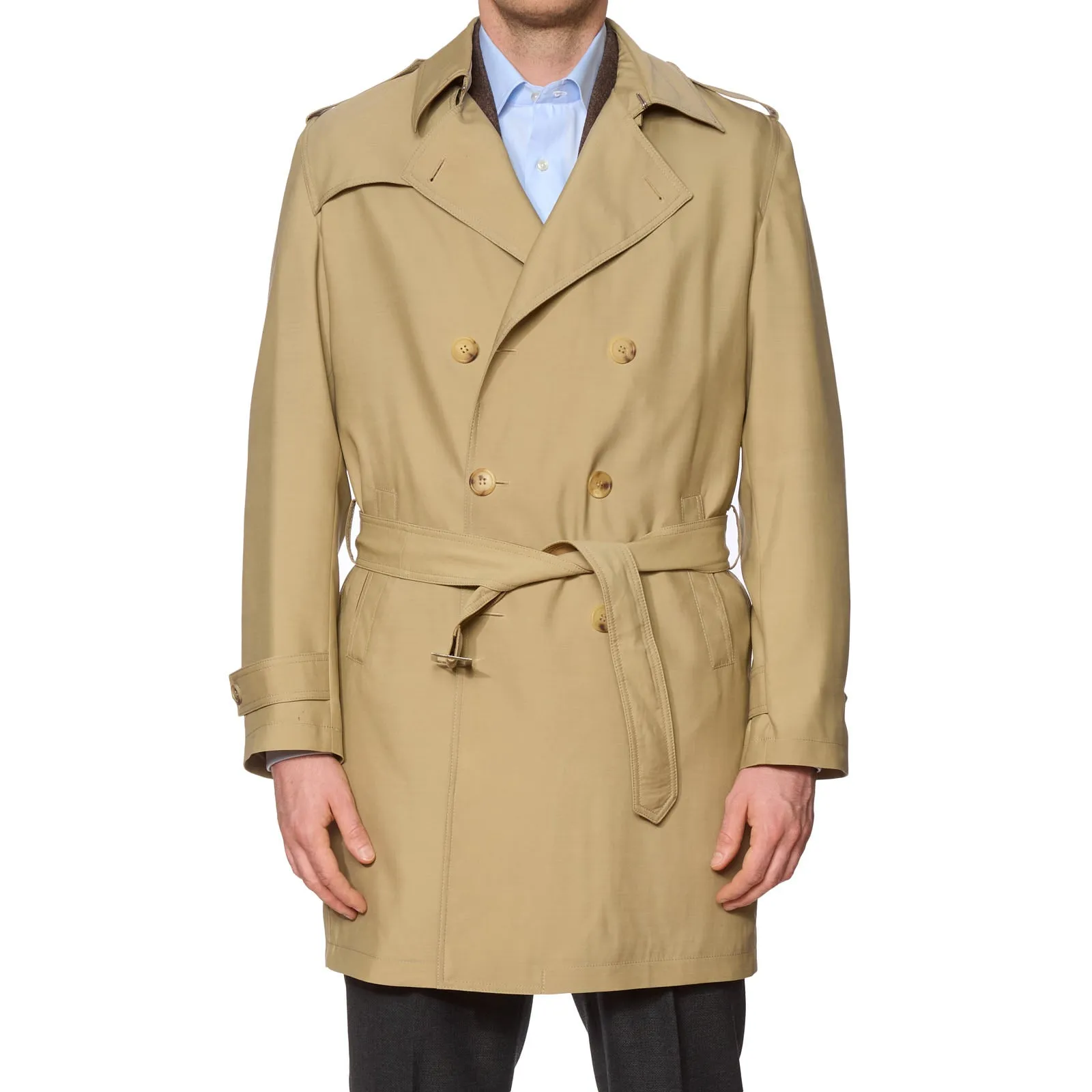 KITON Napoli Beige Wool DB Cashmere Lined Trench Coat EU 50 NEW US M Leather Trims