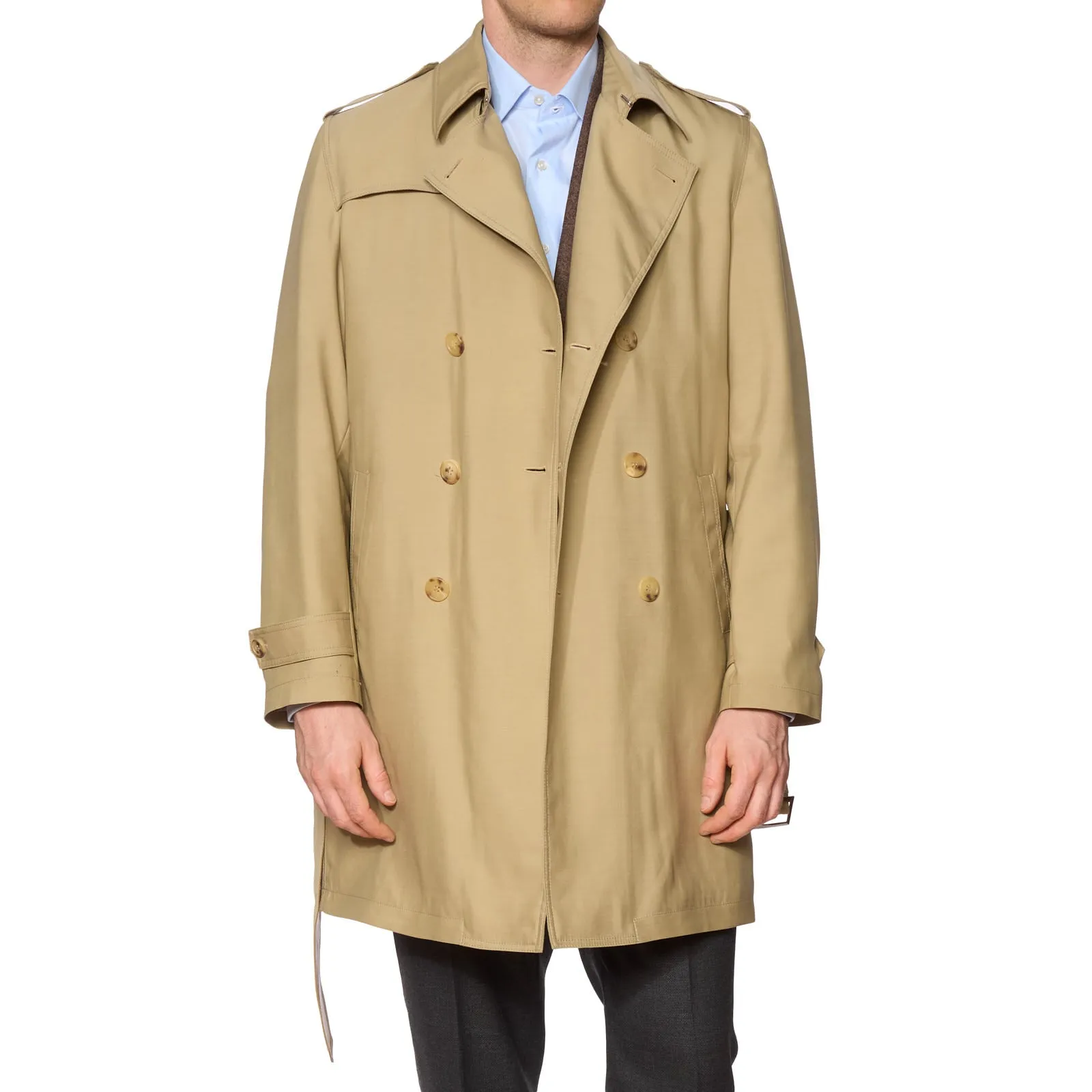 KITON Napoli Beige Wool DB Cashmere Lined Trench Coat EU 50 NEW US M Leather Trims