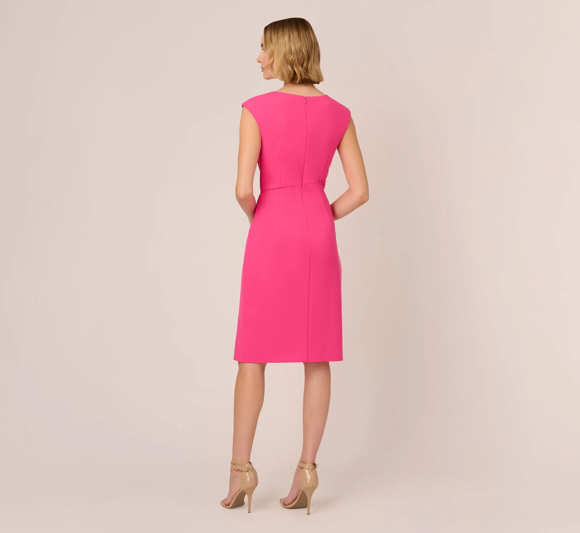 Knit Crepe Sleeveless Midi Dress With Asymmetrical Neckline In Electric Pink