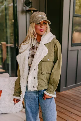 Layer Lover Sherpa Denim Jacket in Olive