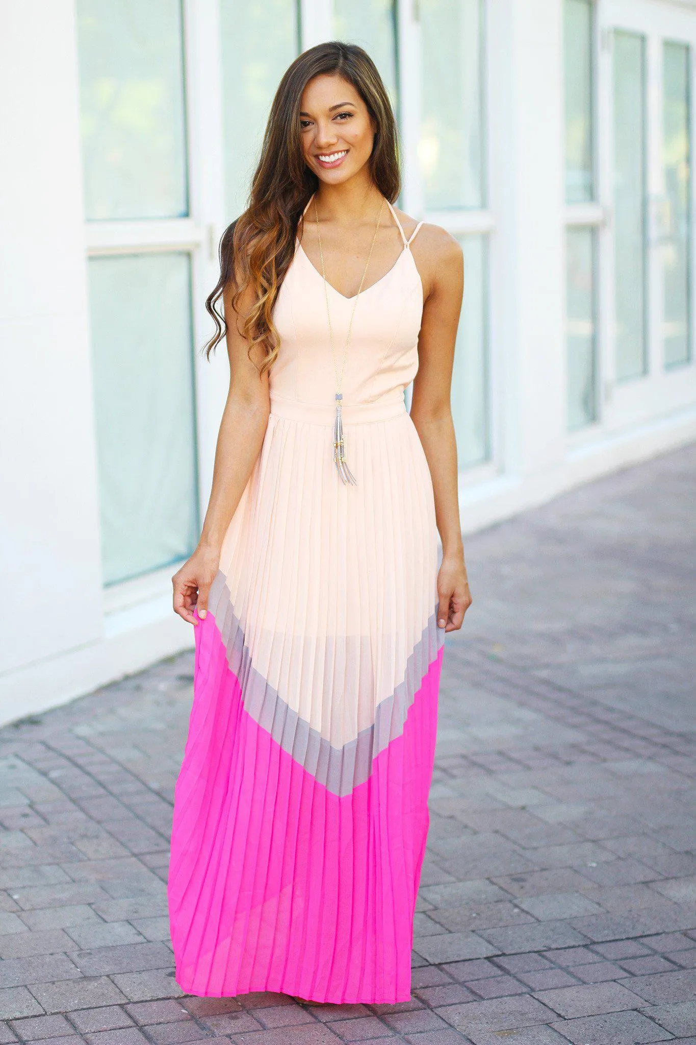 Light Peach Pleated Maxi Dress