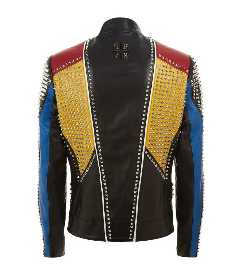 Men Handmade Multi color Philipp Full Studded Leather Jacket