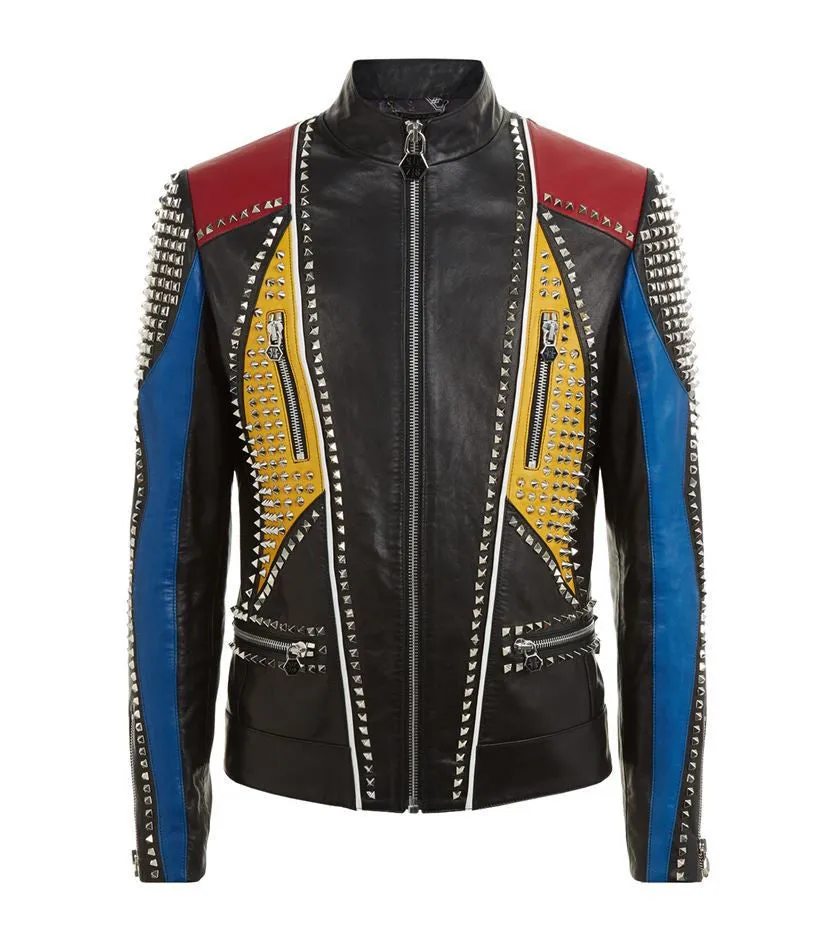 Men Handmade Multi color Philipp Full Studded Leather Jacket