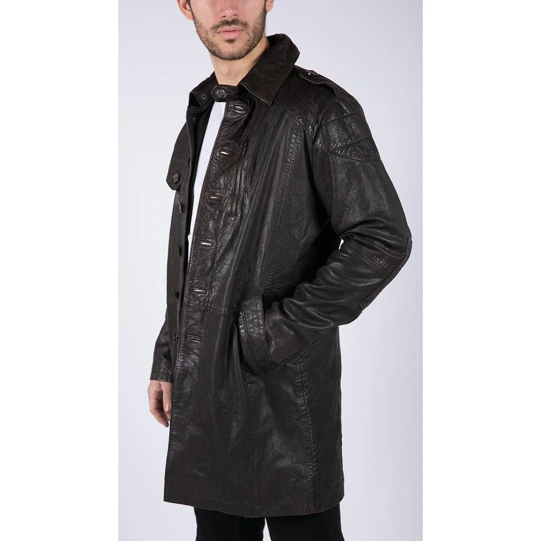 Mens Black Brown Real Leather Trench Coat Button Vintage 3/4 Casual