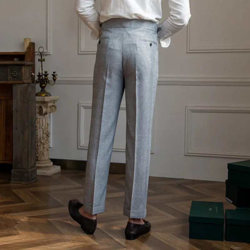 Men's British High Waisted Pants Straight Slim Fit Dress Pants