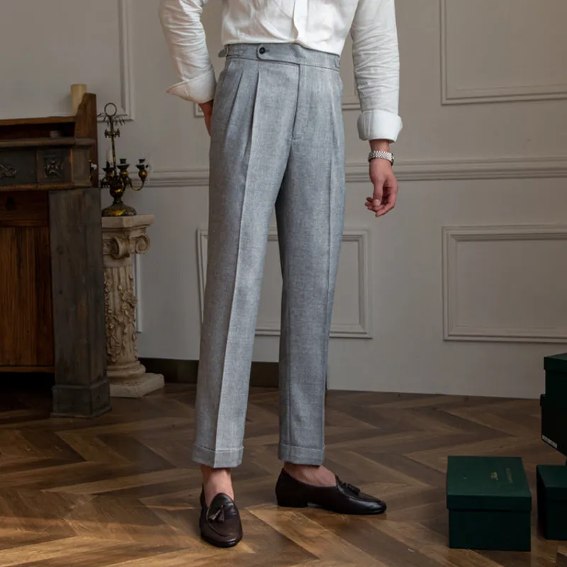 Men's British High Waisted Pants Straight Slim Fit Dress Pants