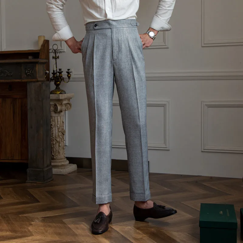 Men's British High Waisted Pants Straight Slim Fit Dress Pants