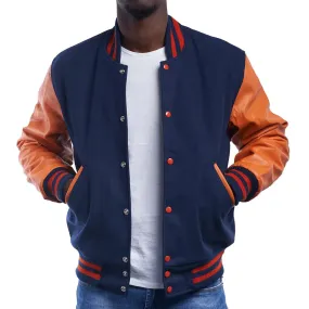 Mens Navy Blue And Orange Leather Varsity Jacket