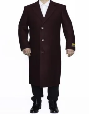 Mens Overcoat - Topcoat For Men - Winter Fabric - Long men's Dress Topcoat - Winter coat 4XL 5XL 6XL Burgundy ~ Wine ~ Maroon Big and Tall Large Man ~ Plus Size Three Button Overcoat