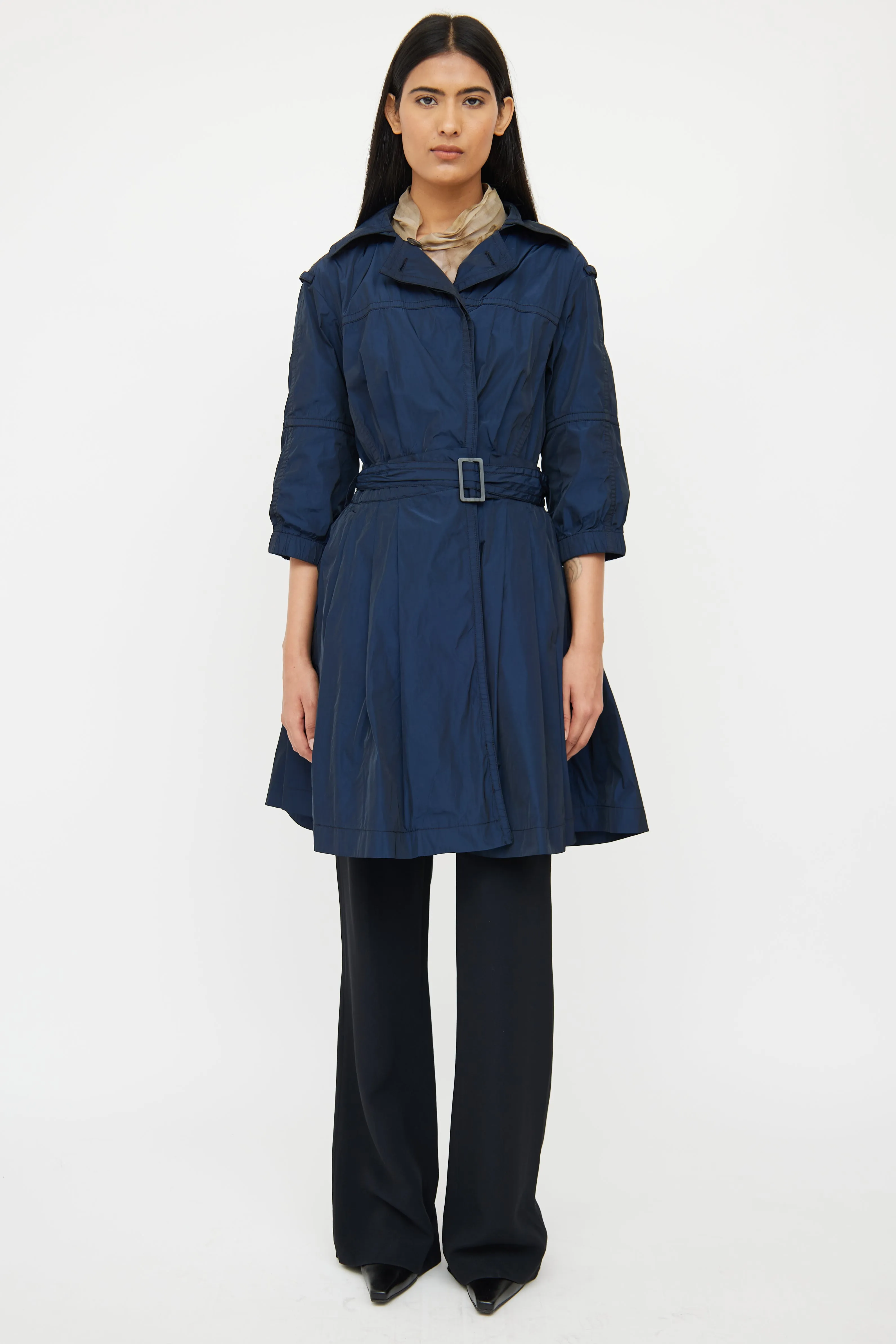 Navy & Black Silk Blend Peplum Trench Coat