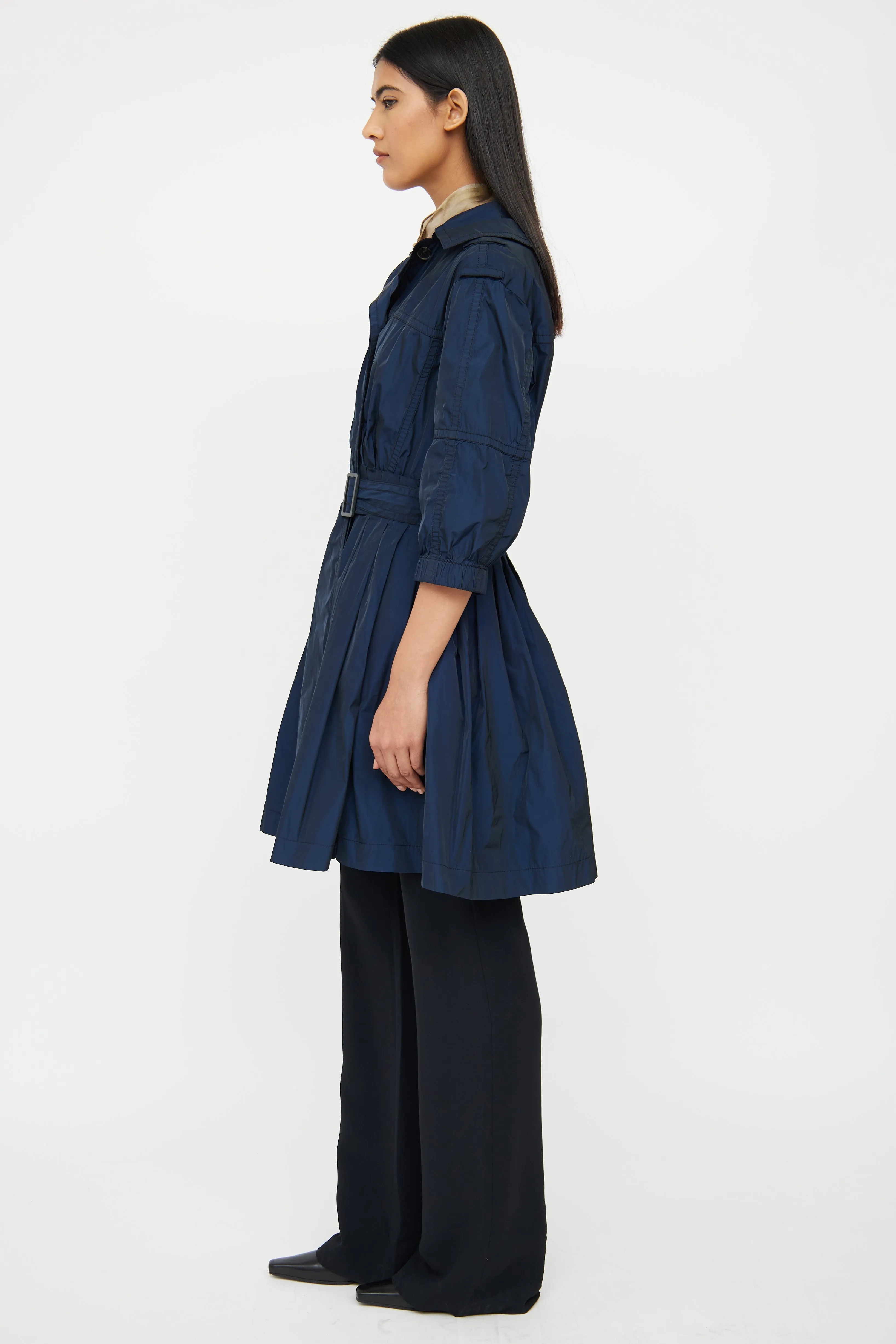 Navy & Black Silk Blend Peplum Trench Coat