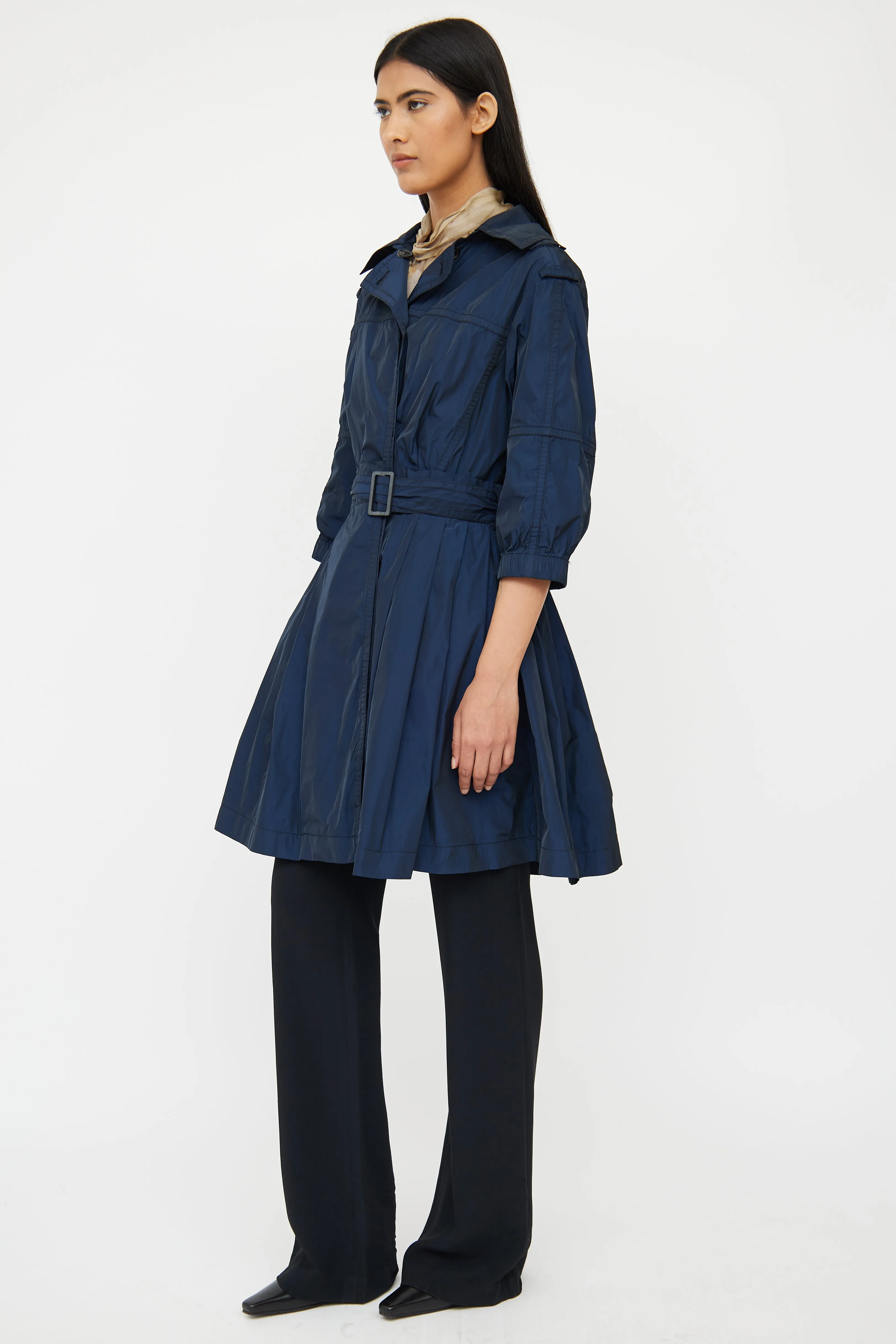 Navy & Black Silk Blend Peplum Trench Coat