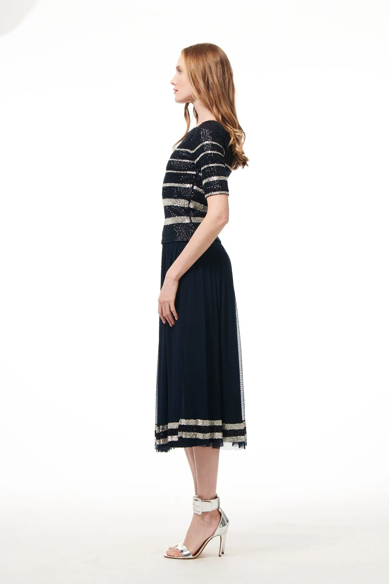 NAVY BEADED STRIPE  BATEAU ELBOW SLEEVE TOP