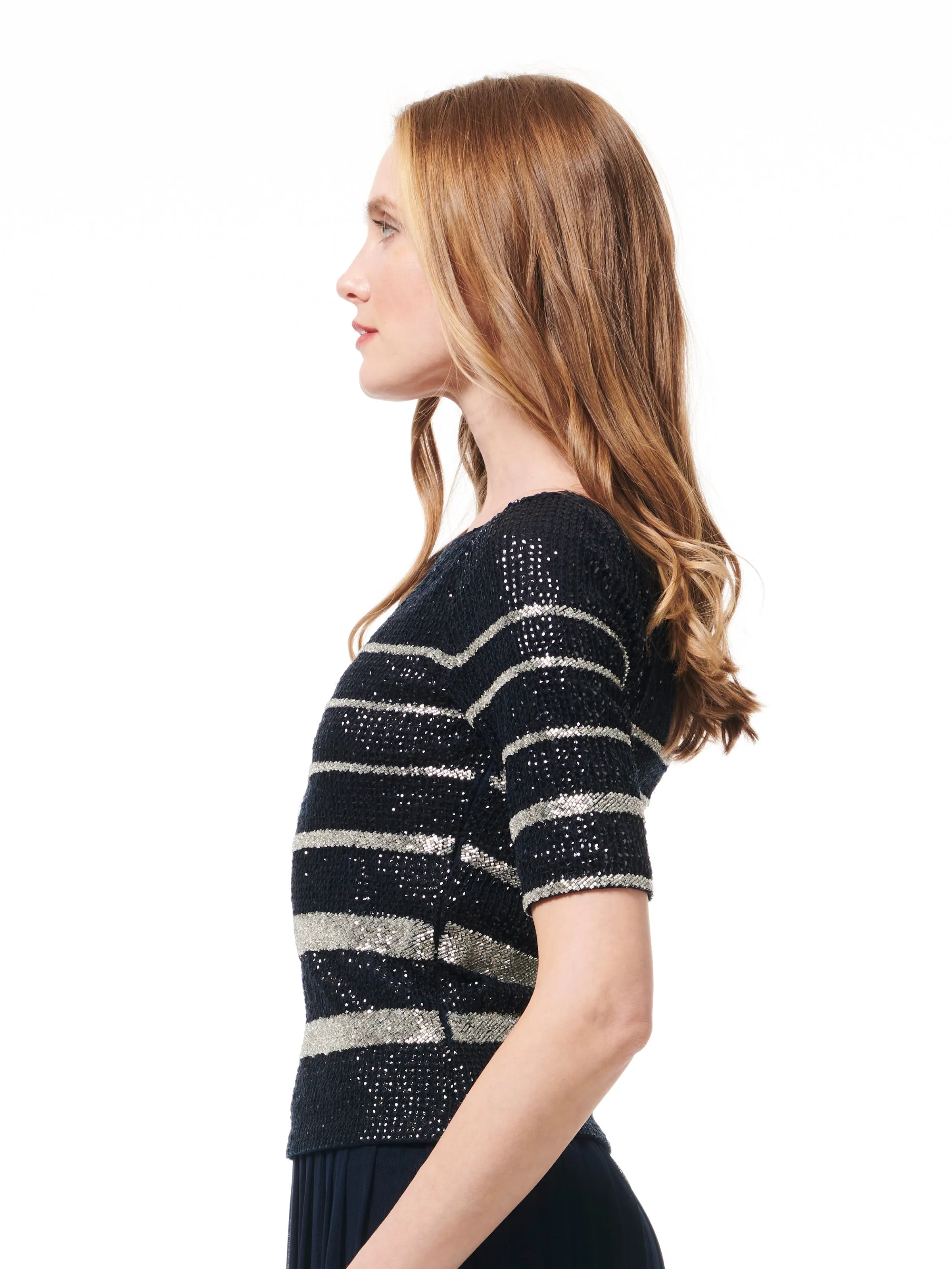 NAVY BEADED STRIPE  BATEAU ELBOW SLEEVE TOP