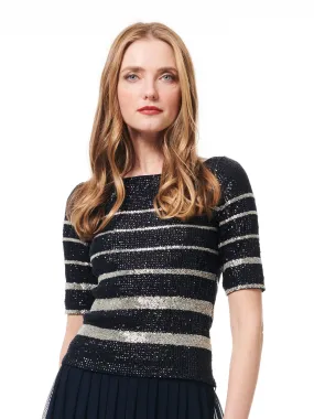 NAVY BEADED STRIPE  BATEAU ELBOW SLEEVE TOP