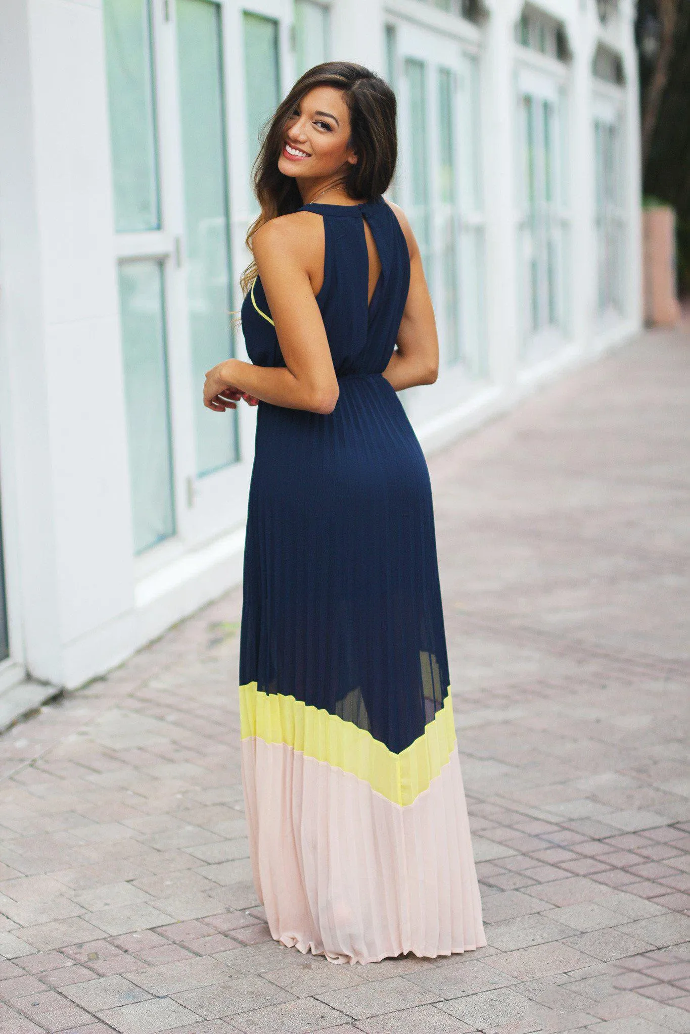 Navy Color Block Pleated Maxi Dress