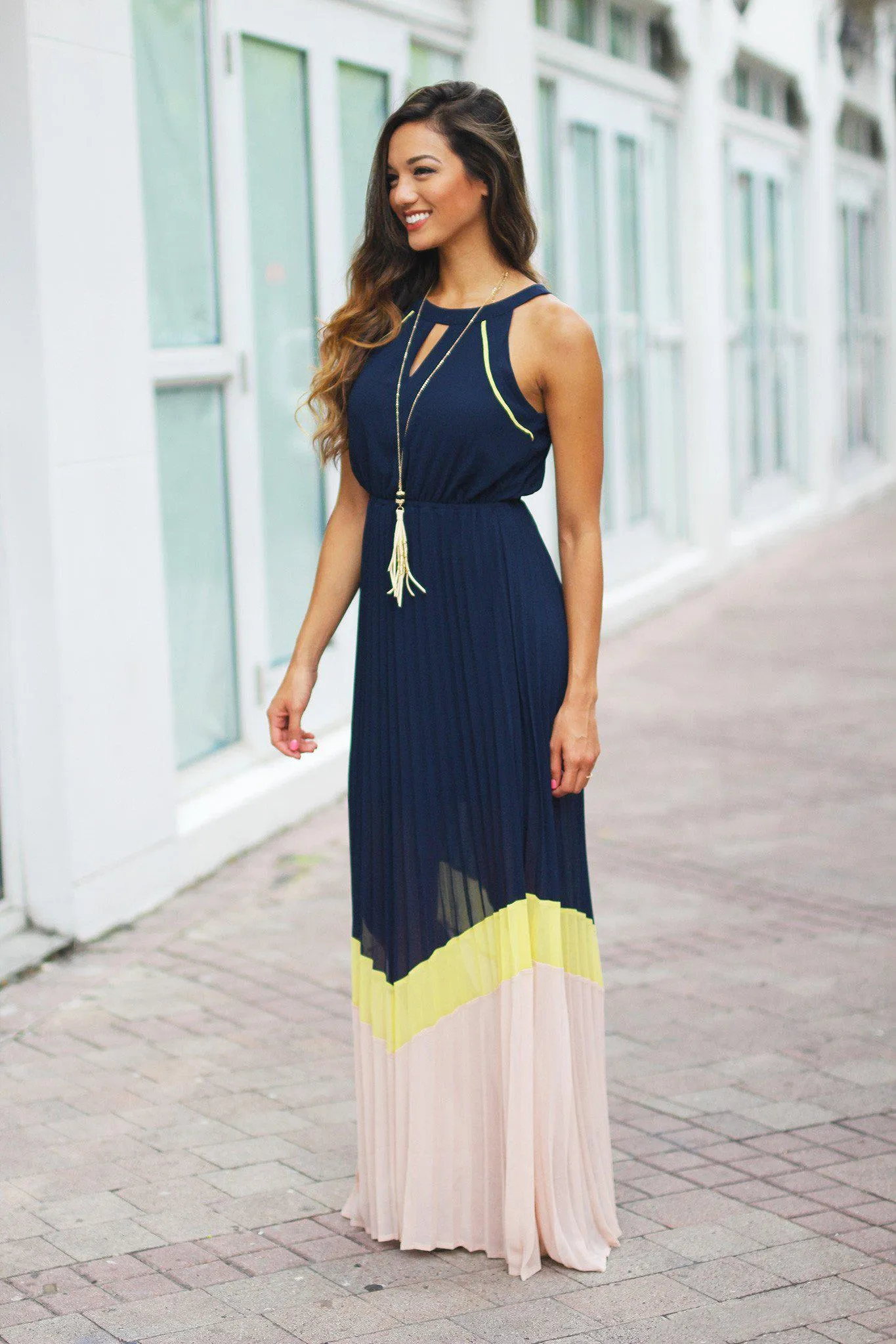 Navy Color Block Pleated Maxi Dress