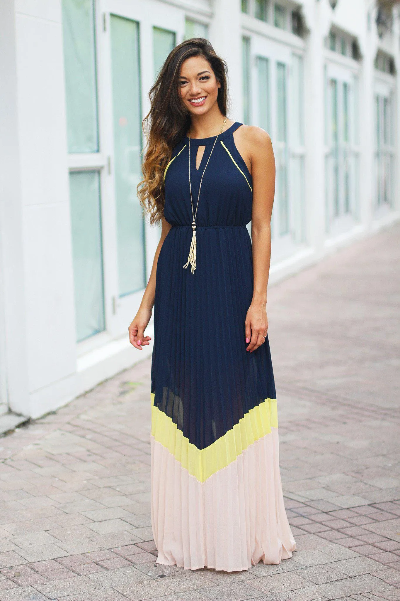 Navy Color Block Pleated Maxi Dress