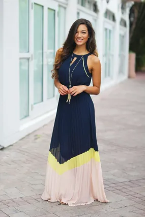 Navy Color Block Pleated Maxi Dress