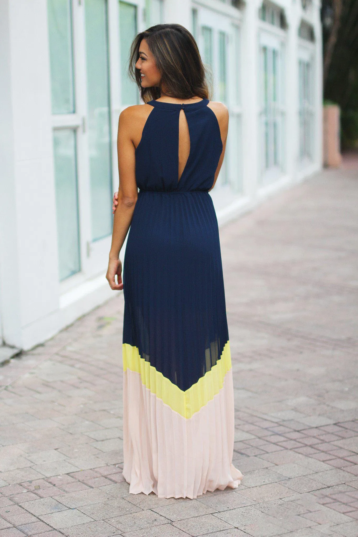 Navy Color Block Pleated Maxi Dress