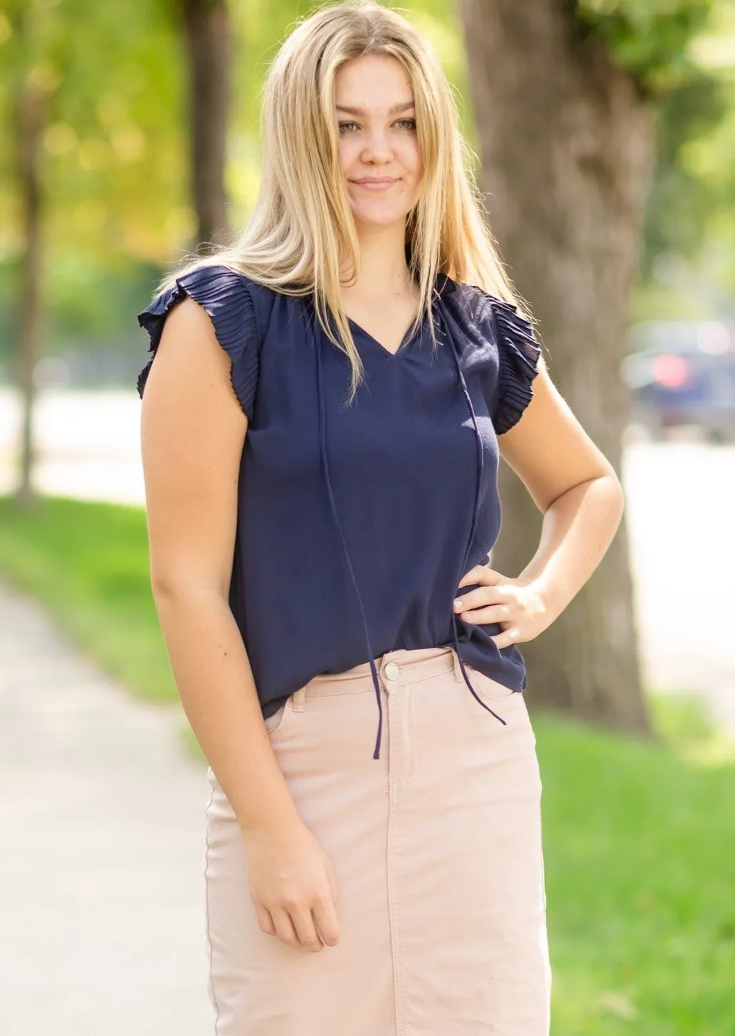 Navy Sleeveless Pleated Ruffle Top - FINAL SALE