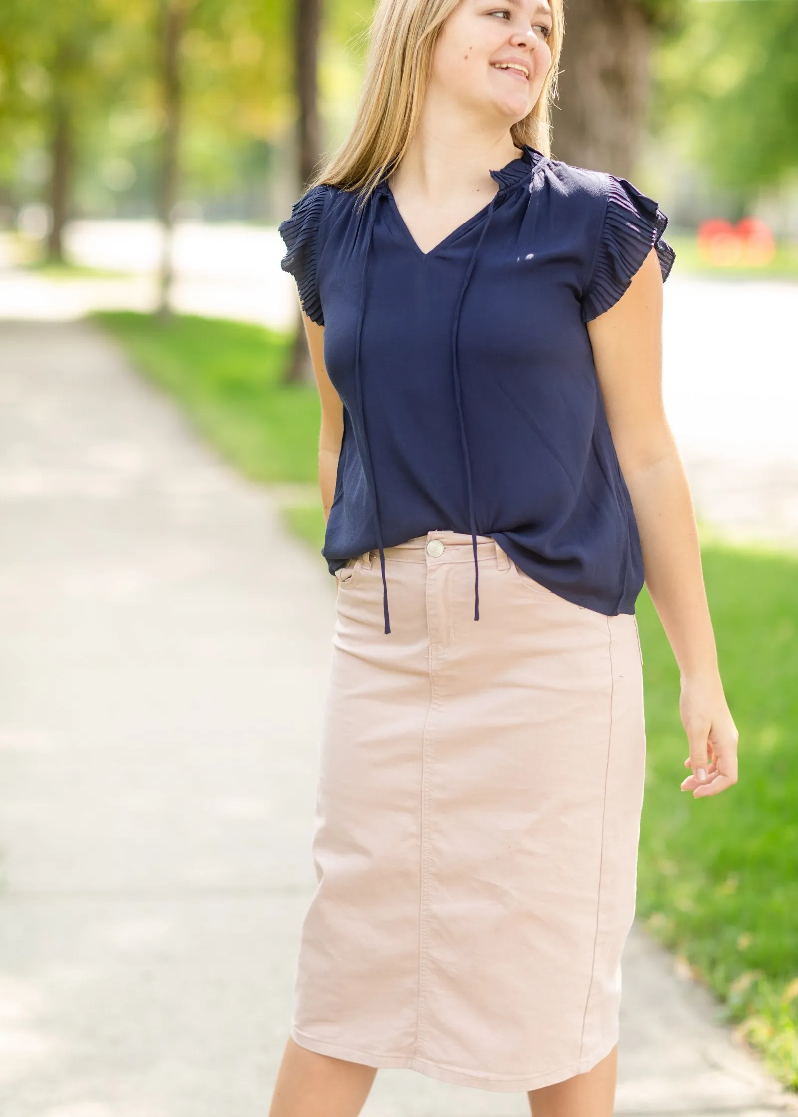 Navy Sleeveless Pleated Ruffle Top - FINAL SALE