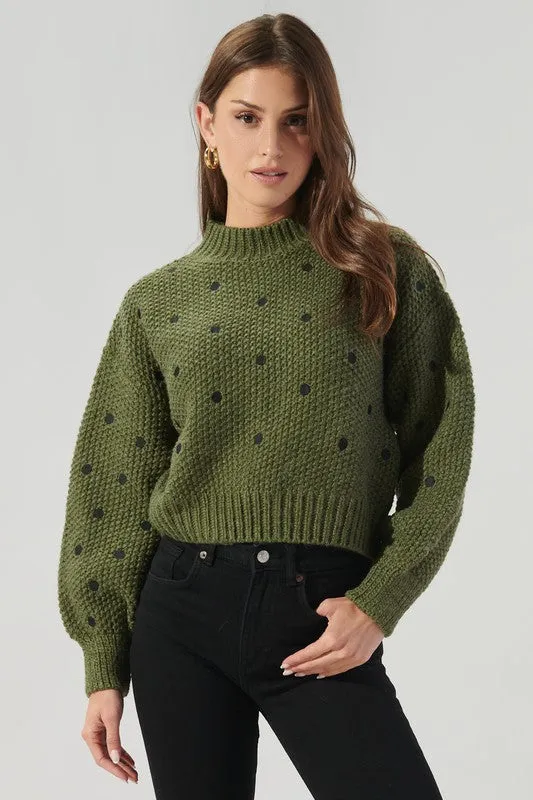 Olive-Black Minnie Embroidered Dot Sweater