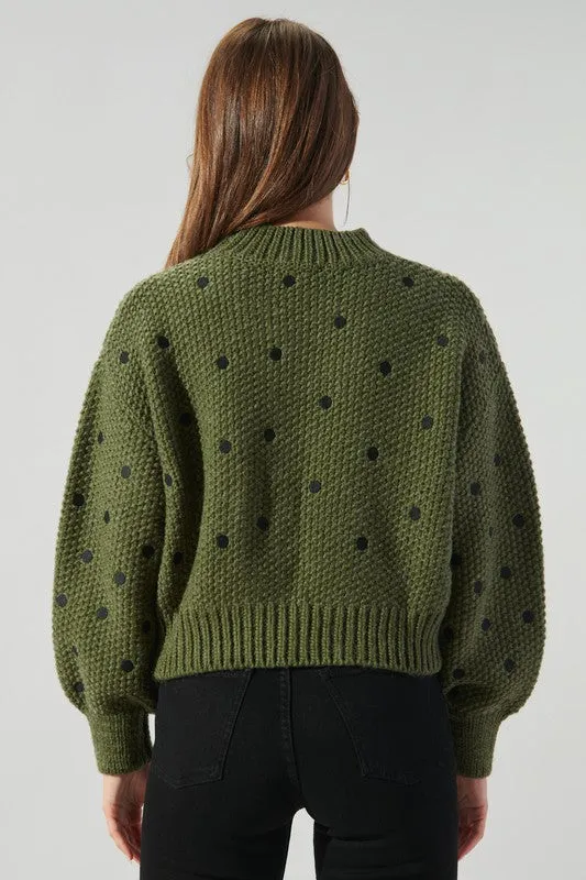 Olive-Black Minnie Embroidered Dot Sweater