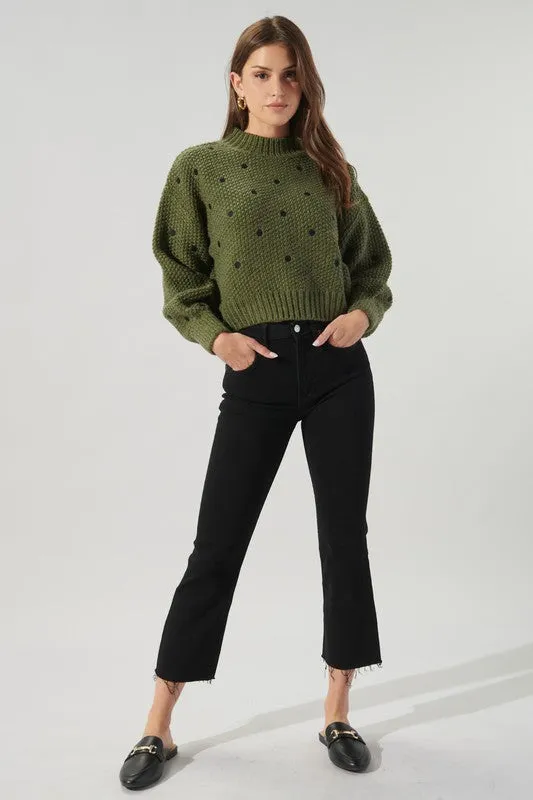 Olive-Black Minnie Embroidered Dot Sweater