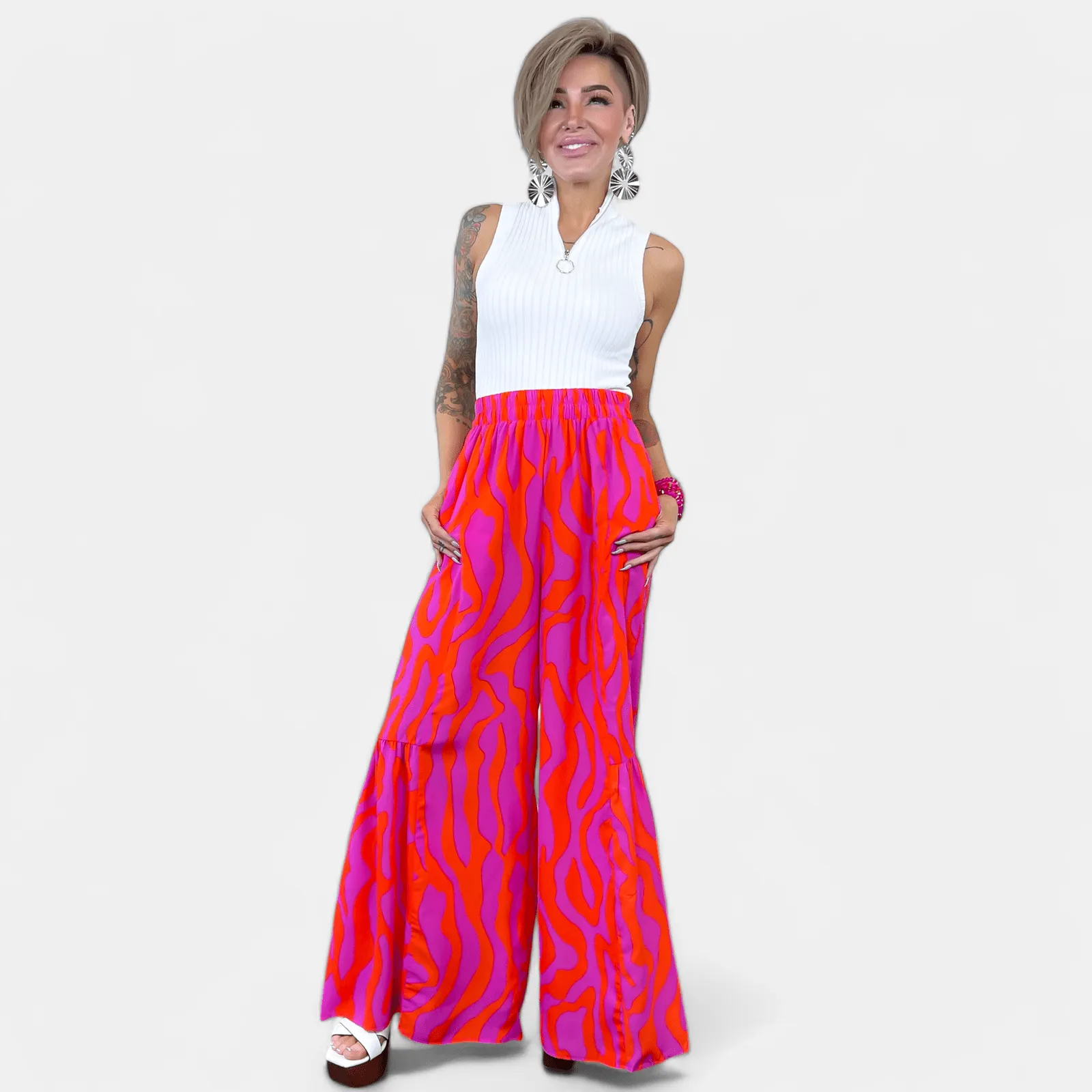 Orange & Pink Wavy Abstract Ruffle Pants