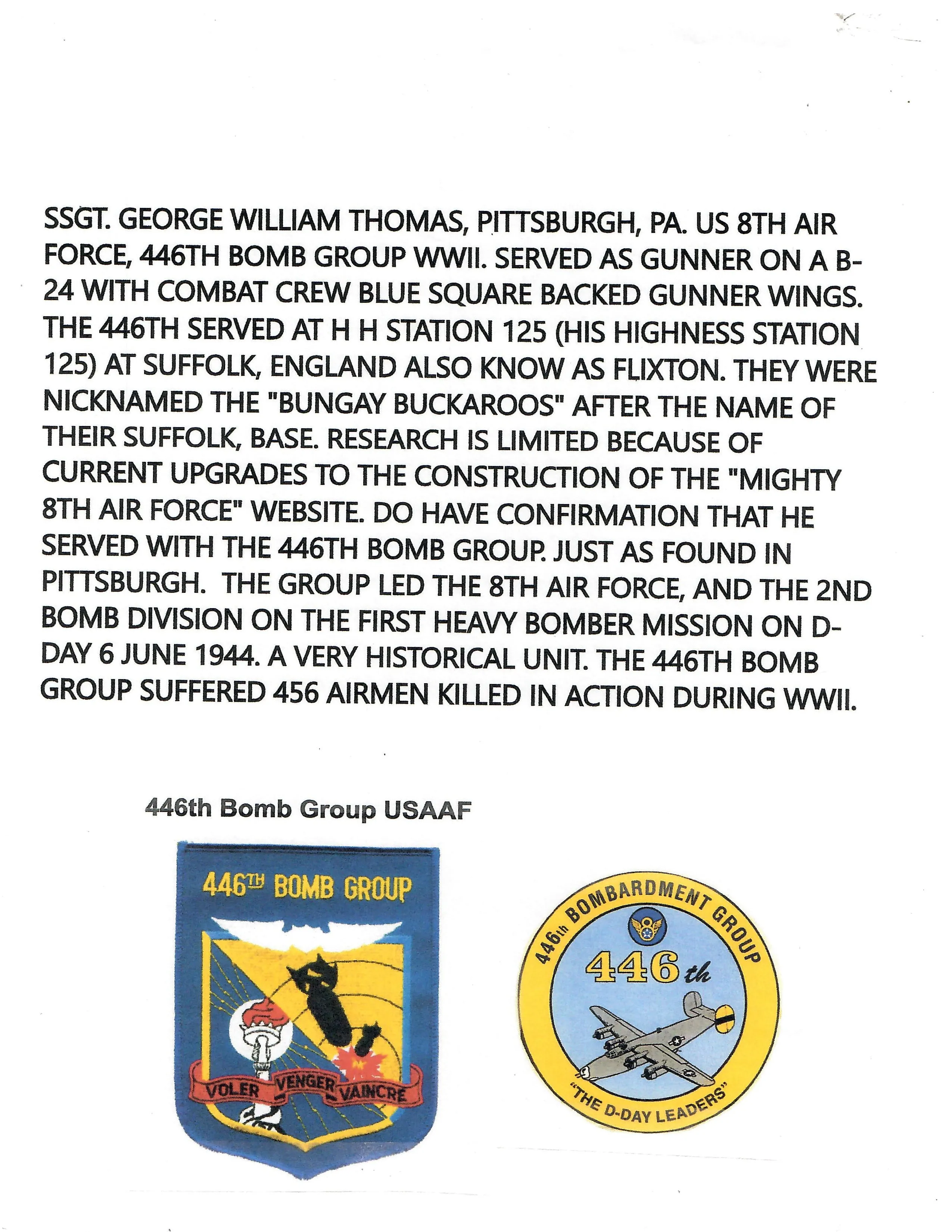 Original U.S. WWII Named Class-A Uniform Set With Cap for 8th Army Air Force Aerial Gunner Staff Sergeant George W. Thomas of the 446th Bombardment Group - With Binder of Information