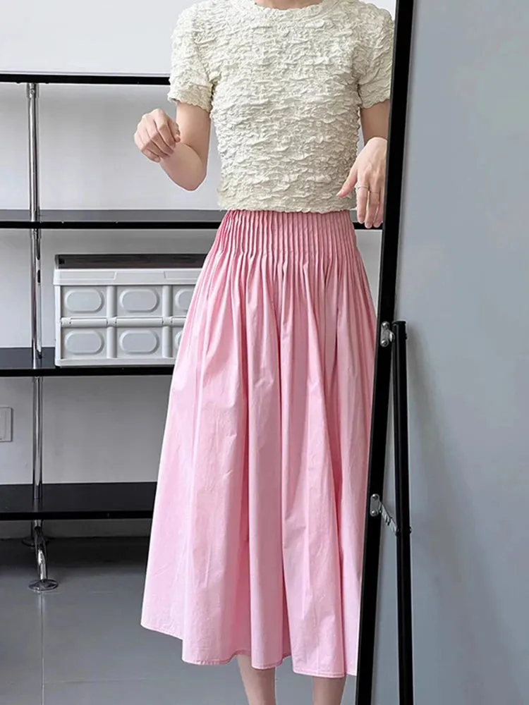 Patchwork Pleated Skirts For Women High Waist Solid Casual Loose A Line Skirt Spring Female Fashion Clothing