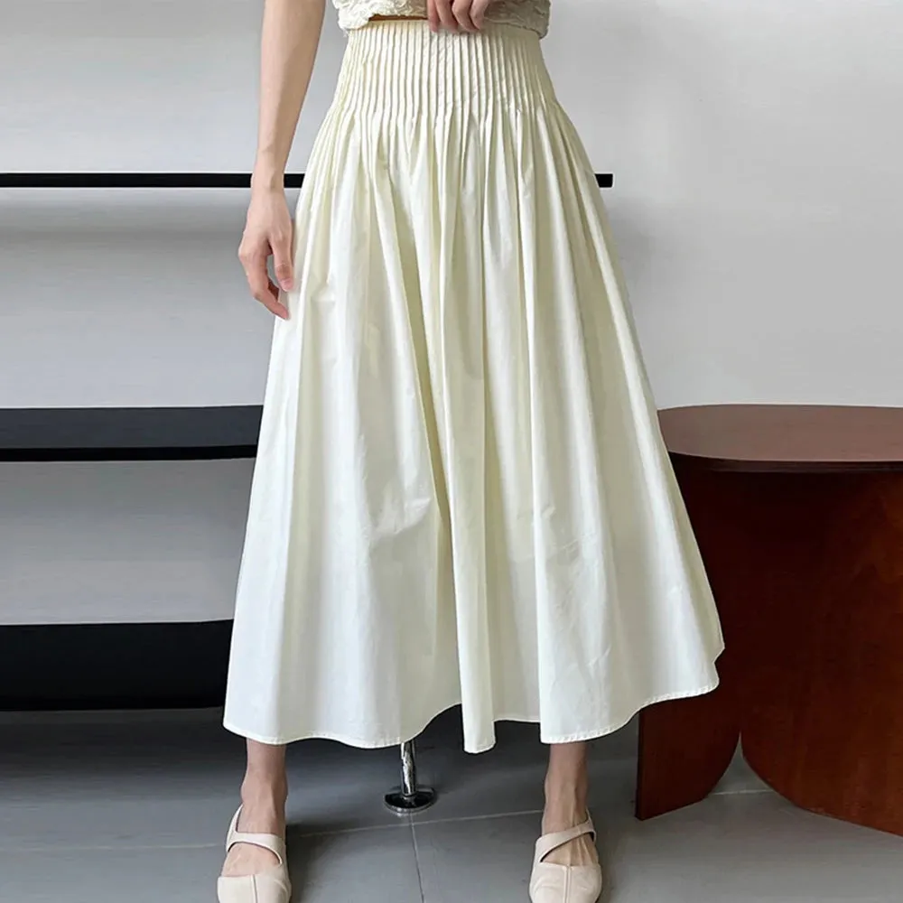 Patchwork Pleated Skirts For Women High Waist Solid Casual Loose A Line Skirt Spring Female Fashion Clothing