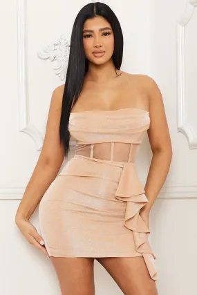 Peach Skin Shimmer Fabric Pleated Tube Top Mini Dress