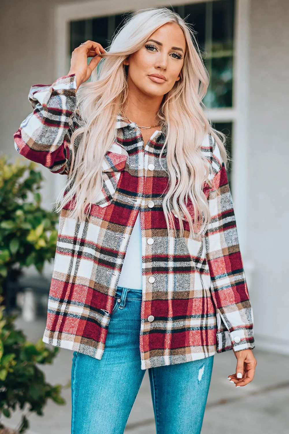 Plaid Button Front Shirt Jacket with Breast Pockets