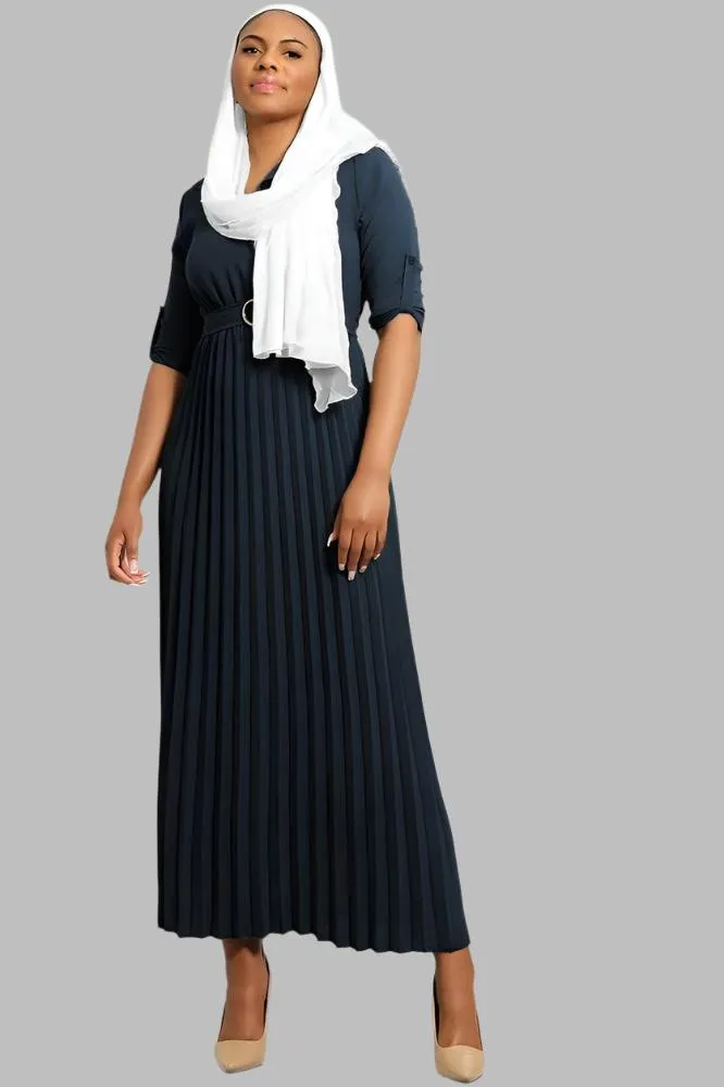 Pleated Skirt Logo Belt Buttoned Modest Dress