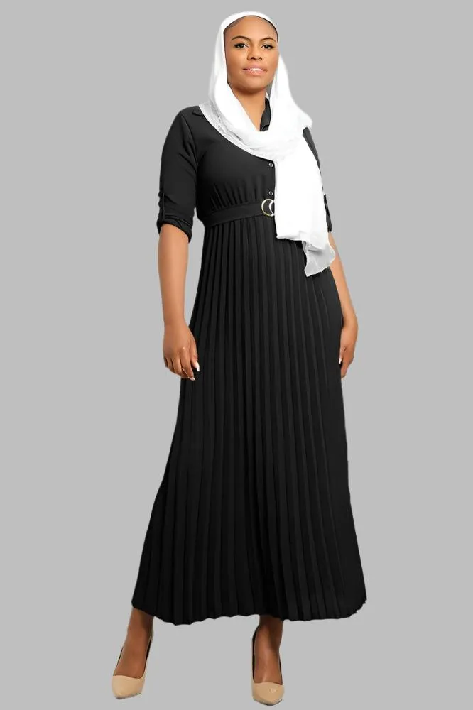 Pleated Skirt Logo Belt Buttoned Modest Dress