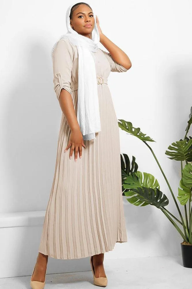 Pleated Skirt Logo Belt Buttoned Modest Dress